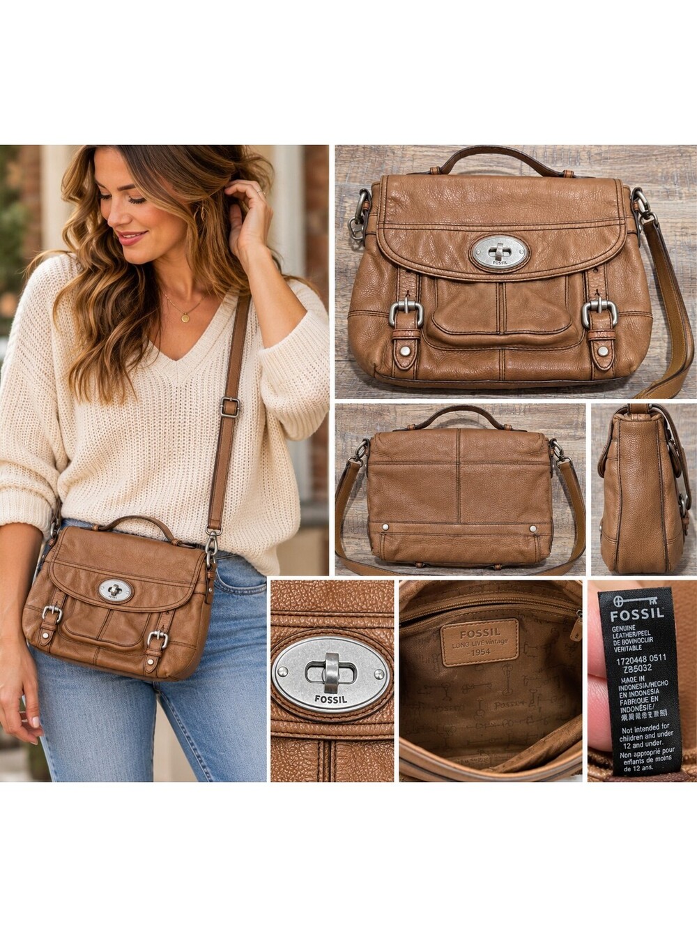 Fossil Vintage Brown Genuine Leather Satchel Crossbody Bag Turn Lock
